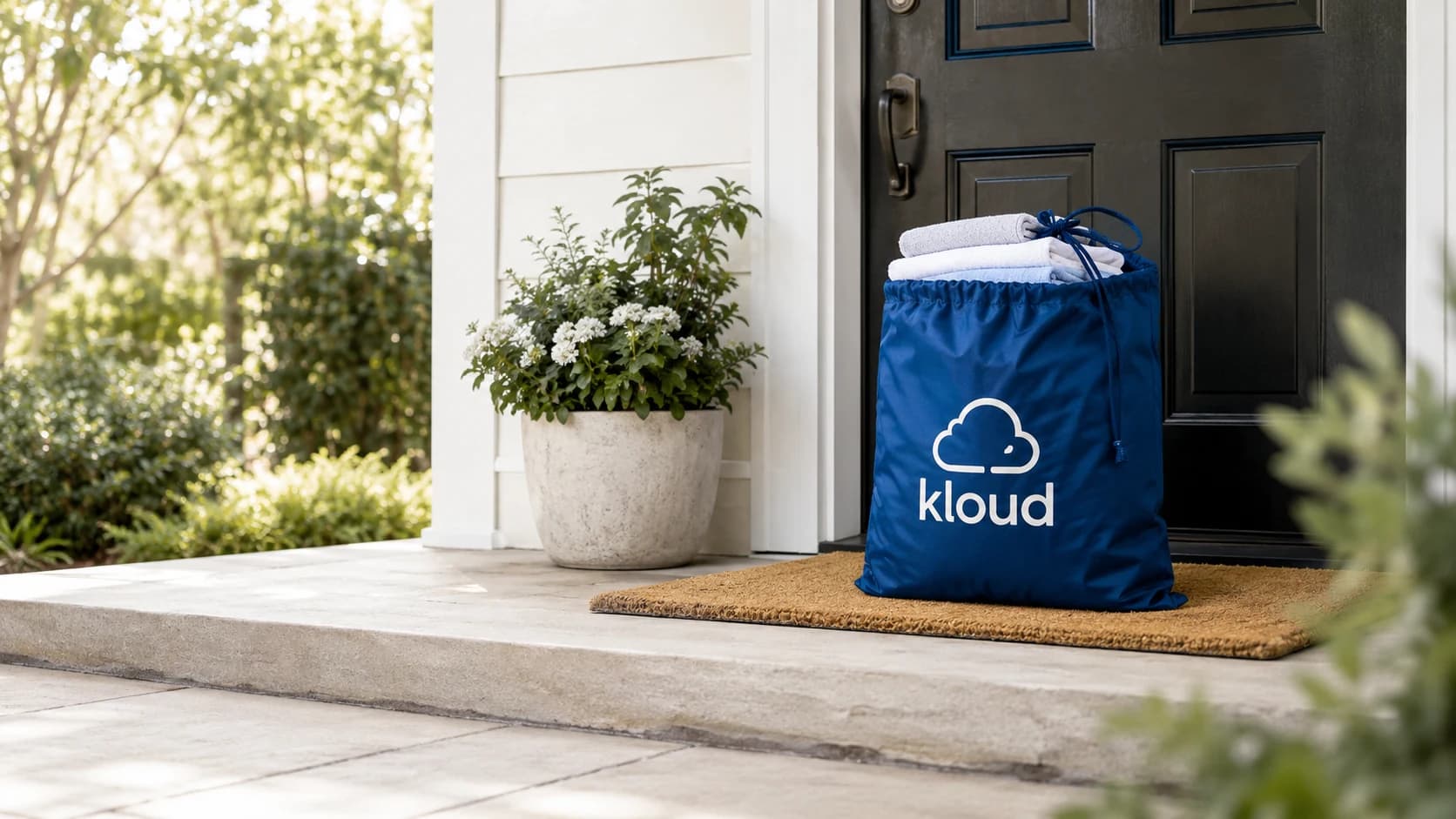 A branded Kloud laundry bag of fresh, folded laundry delivered to a front door